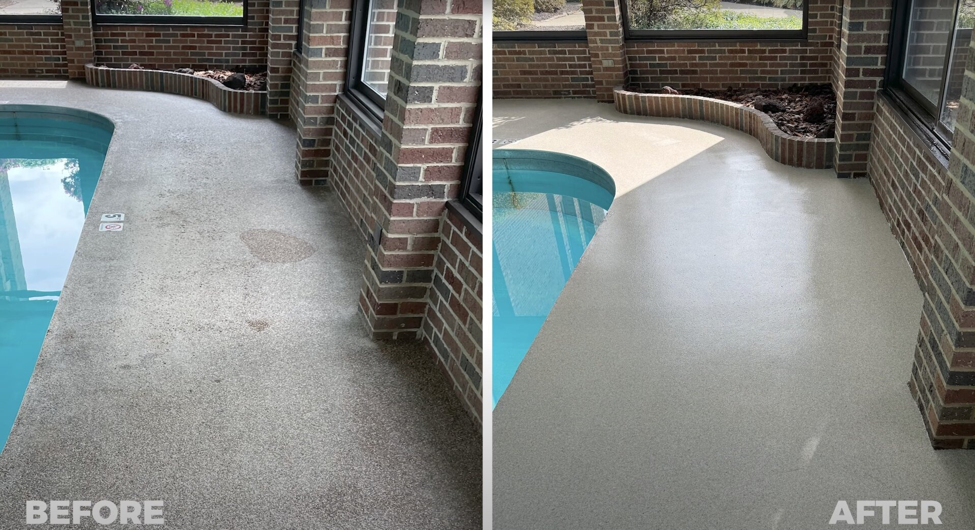 Professional concrete pool deck resurfacing by Quincy Concrete Before and after concrete pool deck resurfacing showing transformation from worn to pristine finish